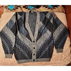 Nuovo New Forces 80s/90s Unisex L/XL Knit Sweater Button Blue Geometric Cardigan